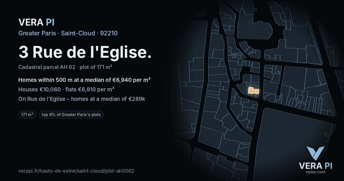 3 Rue de l'Eglise, Saint-Cloud at night – the plot lit, the parcels around coloured by the prices near them