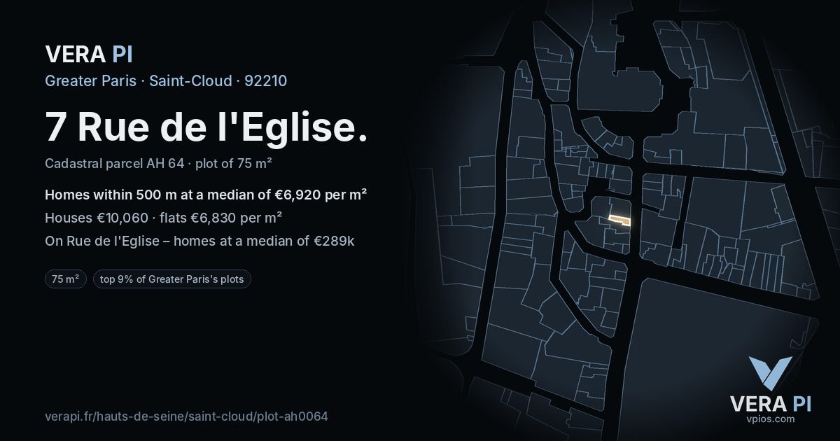 7 Rue de l'Eglise, Saint-Cloud at night – the plot lit, the parcels around coloured by the prices near them
