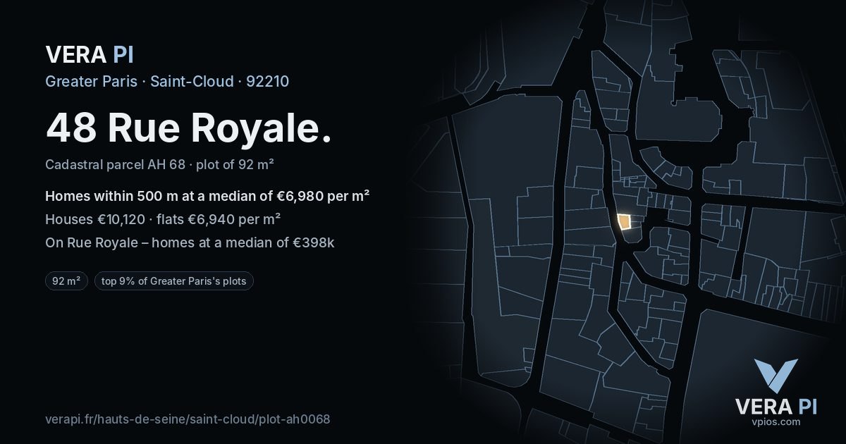 48 Rue Royale, Saint-Cloud at night – the plot lit, the parcels around coloured by the prices near them