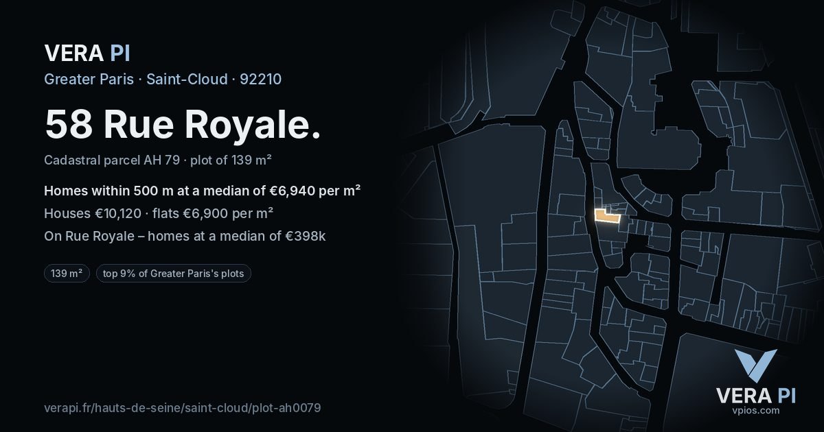 58 Rue Royale, Saint-Cloud at night – the plot lit, the parcels around coloured by the prices near them