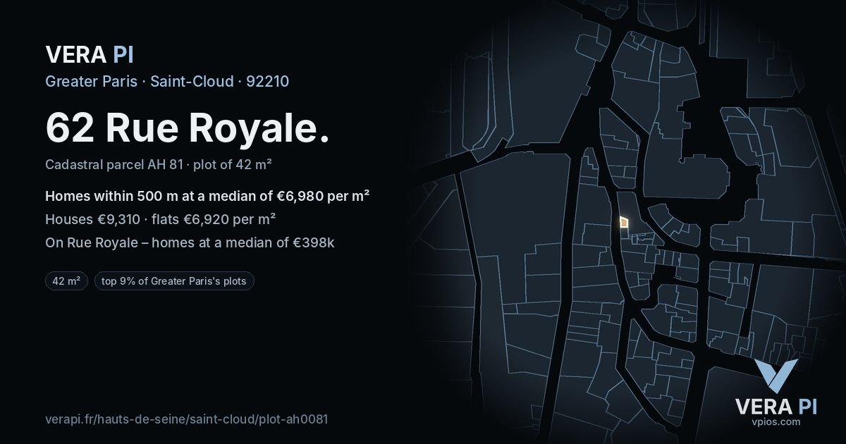 62 Rue Royale, Saint-Cloud at night – the plot lit, the parcels around coloured by the prices near them