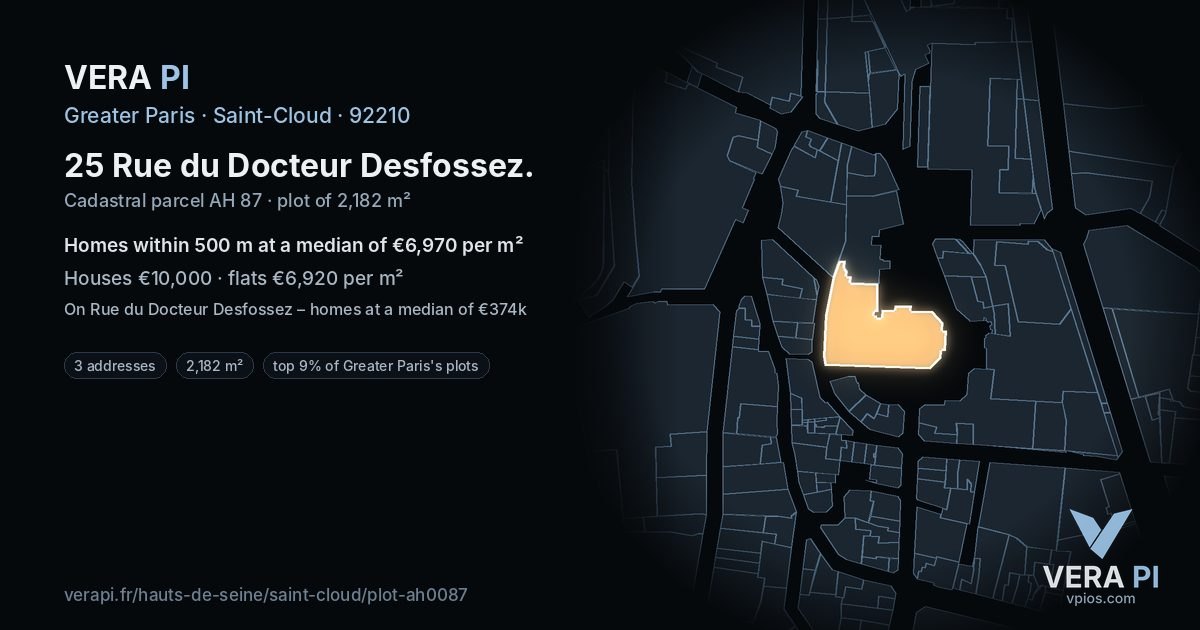 25 Rue du Docteur Desfossez, Saint-Cloud at night – the plot lit, the parcels around coloured by the prices near them