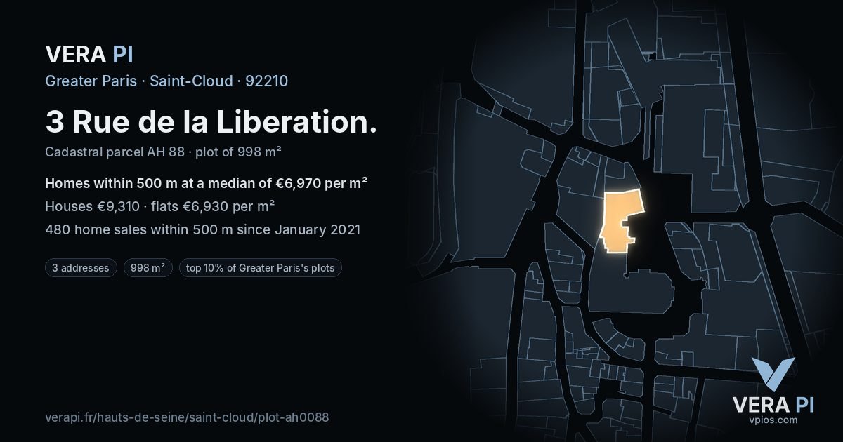 3 Rue de la Liberation, Saint-Cloud at night – the plot lit, the parcels around coloured by the prices near them