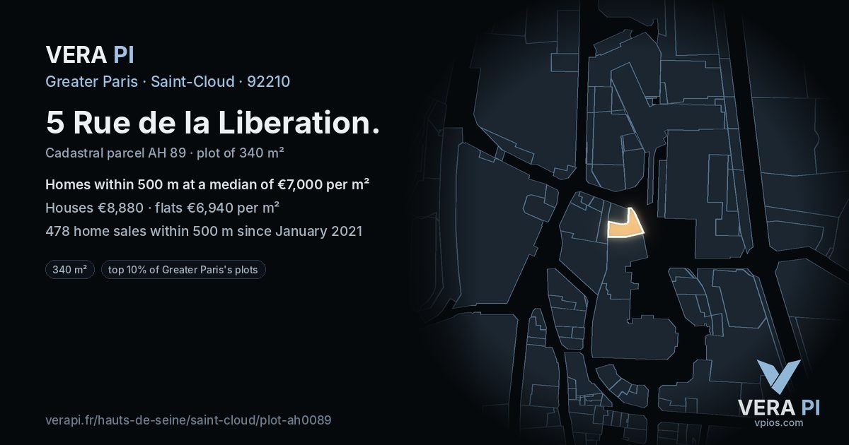 5 Rue de la Liberation, Saint-Cloud at night – the plot lit, the parcels around coloured by the prices near them