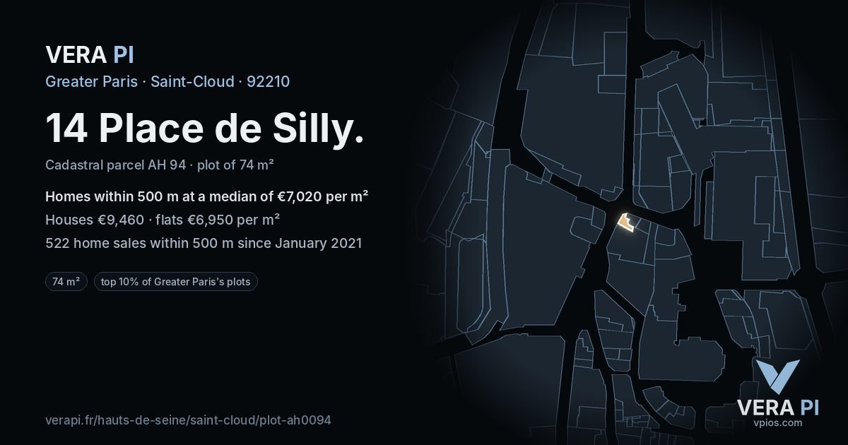 14 Place de Silly, Saint-Cloud at night – the plot lit, the parcels around coloured by the prices near them