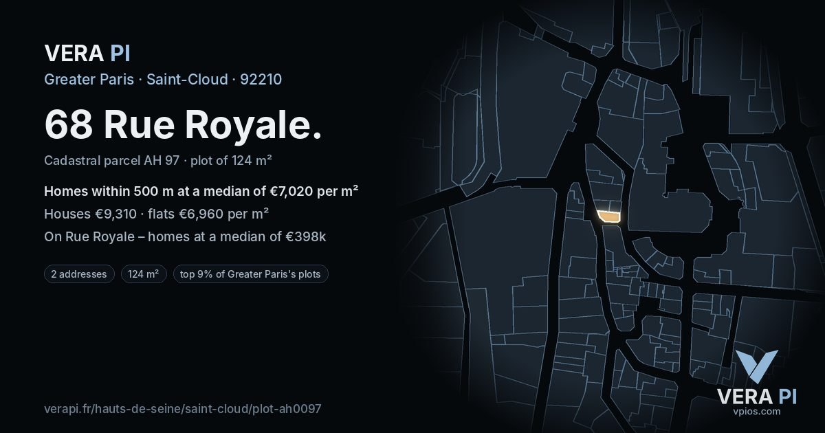 68 Rue Royale, Saint-Cloud at night – the plot lit, the parcels around coloured by the prices near them