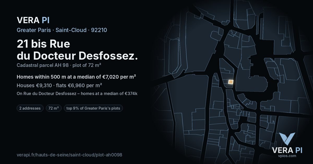 21 bis Rue du Docteur Desfossez, Saint-Cloud at night – the plot lit, the parcels around coloured by the prices near them