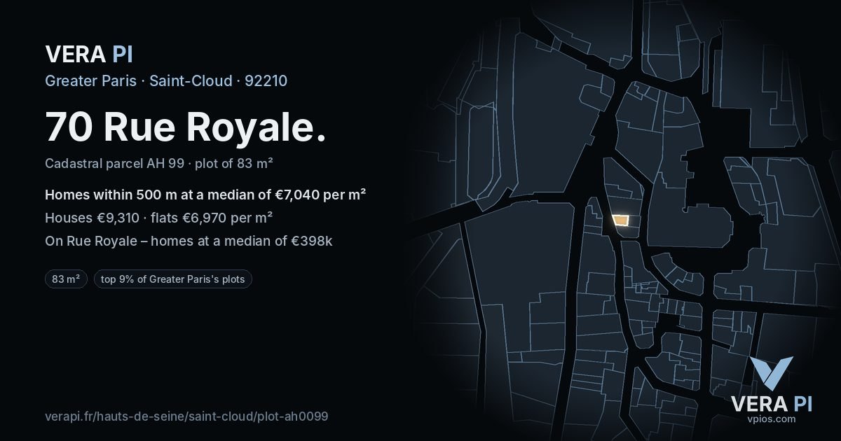 70 Rue Royale, Saint-Cloud at night – the plot lit, the parcels around coloured by the prices near them
