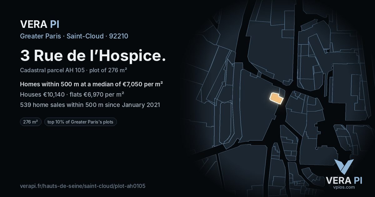 3 Rue de l’Hospice, Saint-Cloud at night – the plot lit, the parcels around coloured by the prices near them