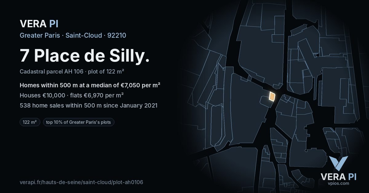 7 Place de Silly, Saint-Cloud at night – the plot lit, the parcels around coloured by the prices near them