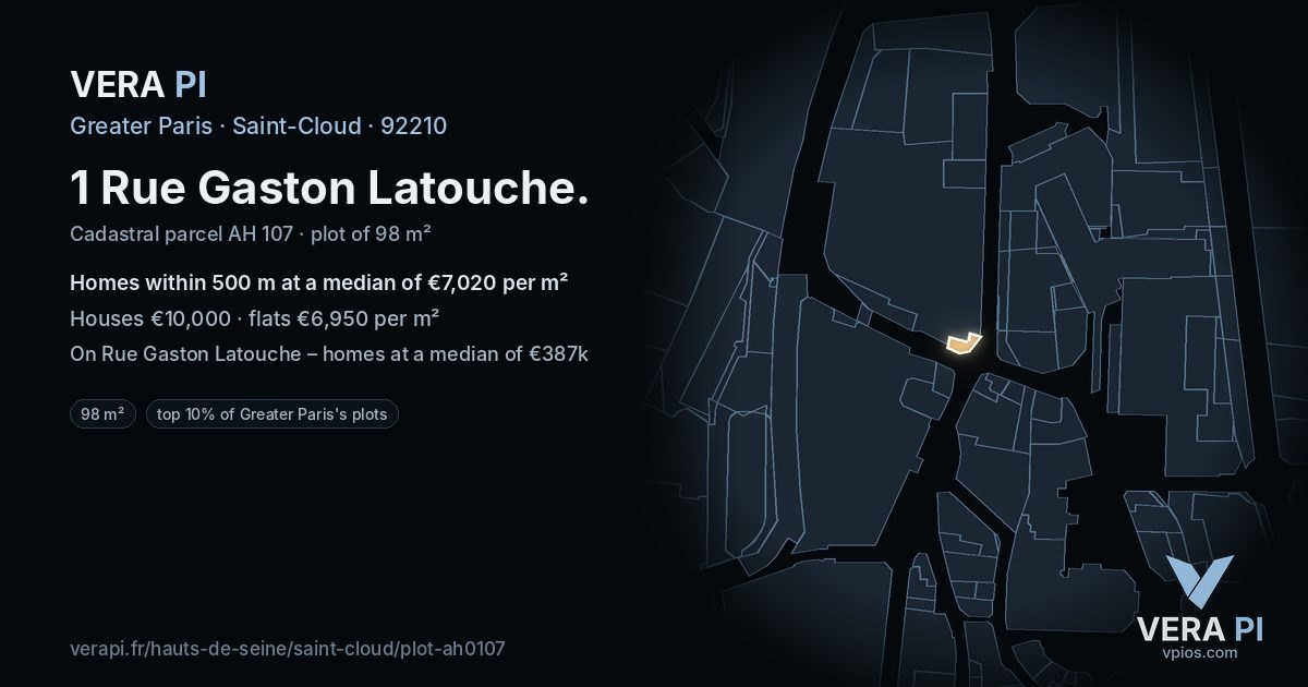 1 Rue Gaston Latouche, Saint-Cloud at night – the plot lit, the parcels around coloured by the prices near them