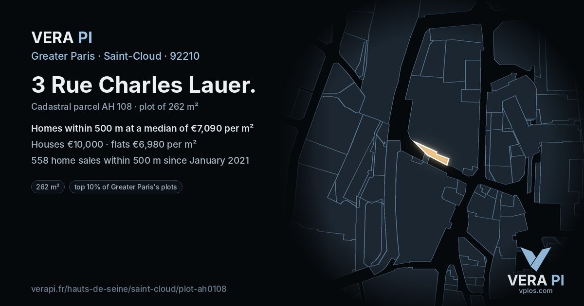 3 Rue Charles Lauer, Saint-Cloud at night – the plot lit, the parcels around coloured by the prices near them