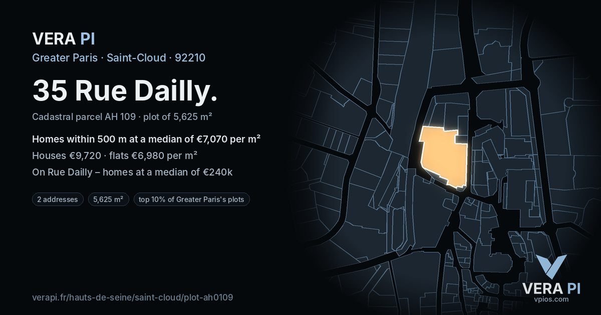 35 Rue Dailly, Saint-Cloud at night – the plot lit, the parcels around coloured by the prices near them