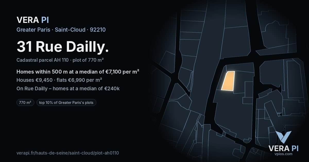31 Rue Dailly, Saint-Cloud at night – the plot lit, the parcels around coloured by the prices near them