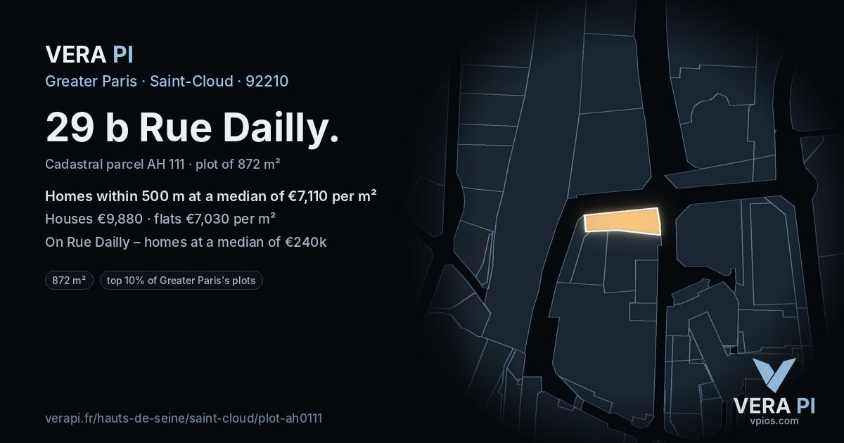 29 b Rue Dailly, Saint-Cloud at night – the plot lit, the parcels around coloured by the prices near them