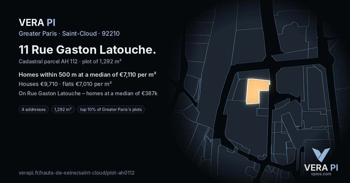 11 Rue Gaston Latouche, Saint-Cloud at night – the plot lit, the parcels around coloured by the prices near them