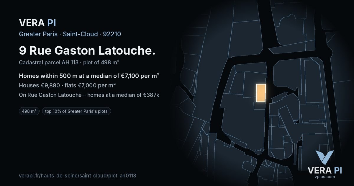 9 Rue Gaston Latouche, Saint-Cloud at night – the plot lit, the parcels around coloured by the prices near them