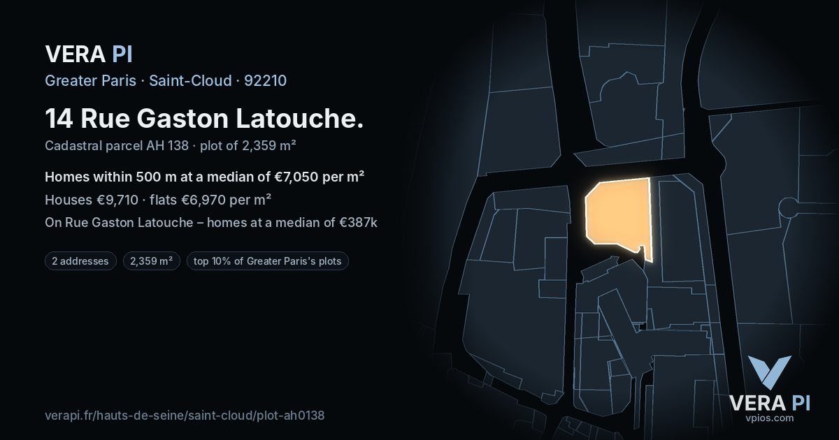 14 Rue Gaston Latouche, Saint-Cloud at night – the plot lit, the parcels around coloured by the prices near them