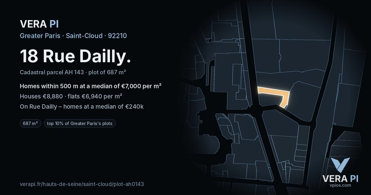 18 Rue Dailly, Saint-Cloud at night – the plot lit, the parcels around coloured by the prices near them