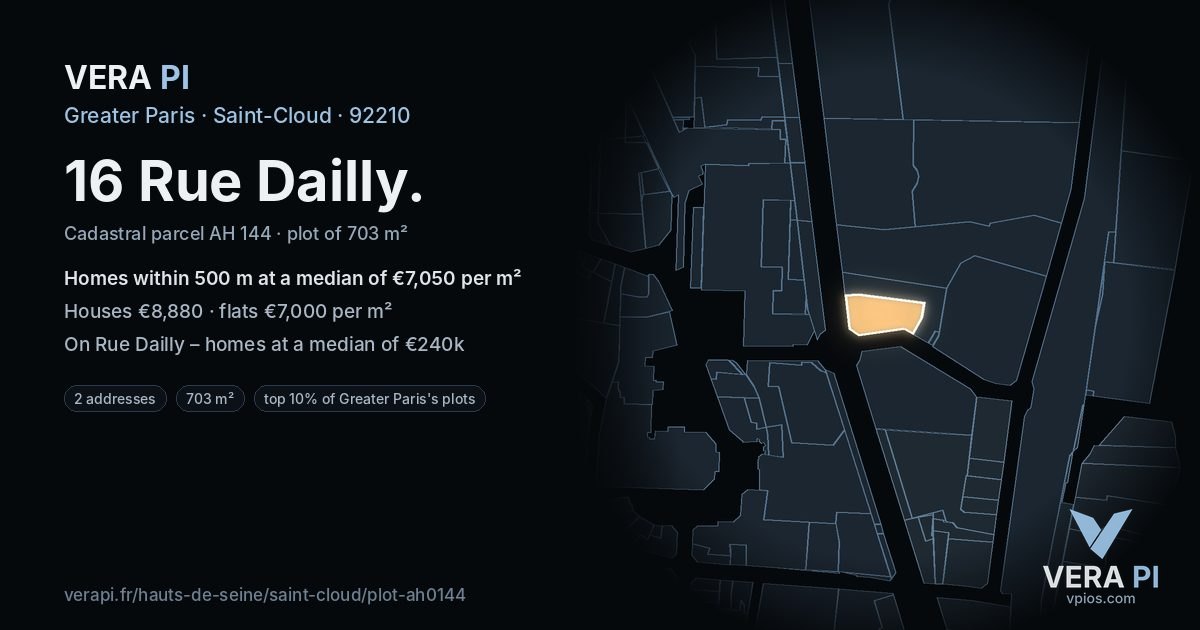 16 Rue Dailly, Saint-Cloud at night – the plot lit, the parcels around coloured by the prices near them