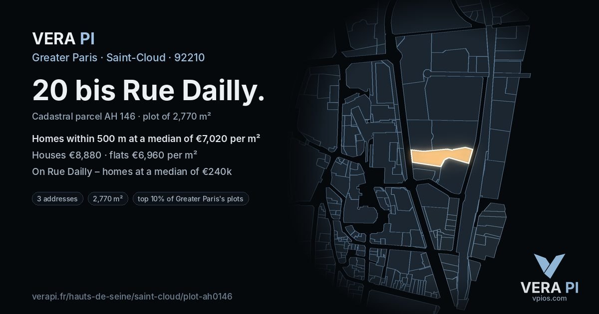 20 bis Rue Dailly, Saint-Cloud at night – the plot lit, the parcels around coloured by the prices near them