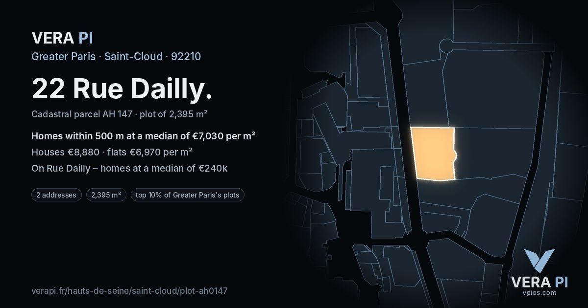 22 Rue Dailly, Saint-Cloud at night – the plot lit, the parcels around coloured by the prices near them