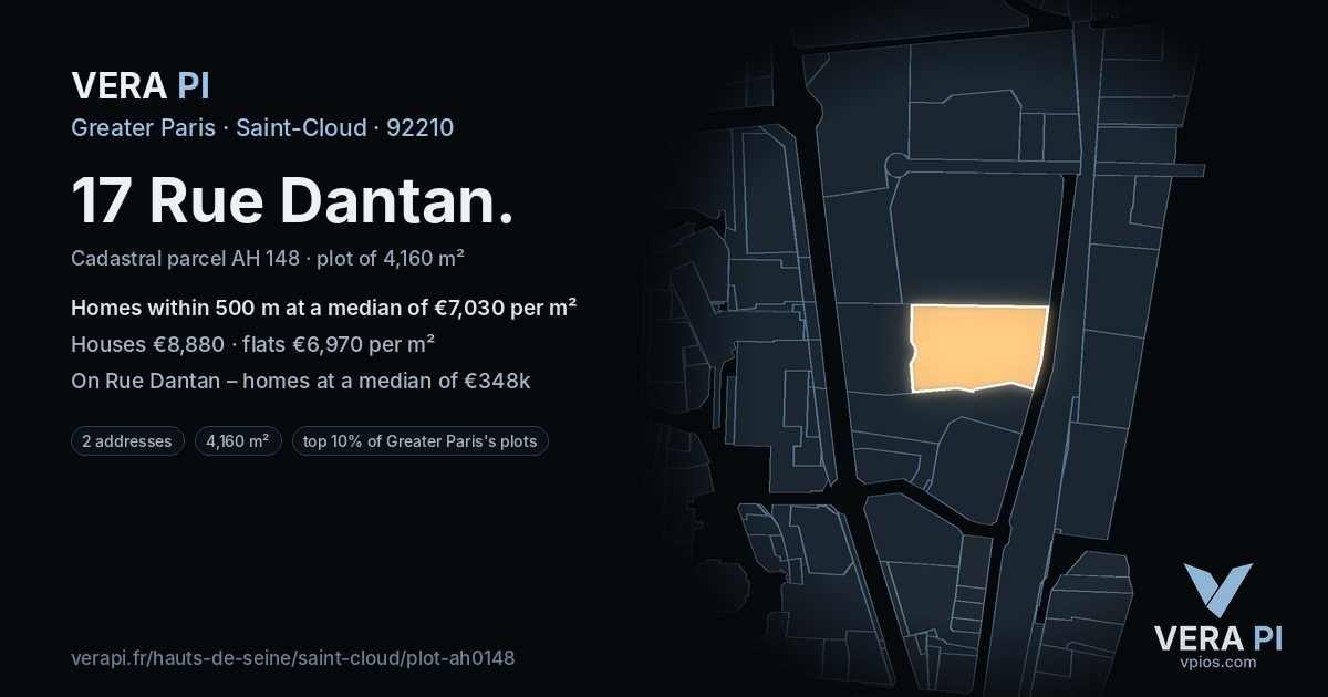17 Rue Dantan, Saint-Cloud at night – the plot lit, the parcels around coloured by the prices near them