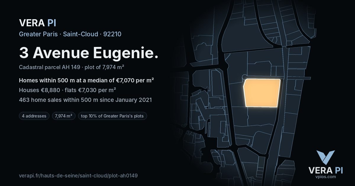 3 Avenue Eugenie, Saint-Cloud at night – the plot lit, the parcels around coloured by the prices near them