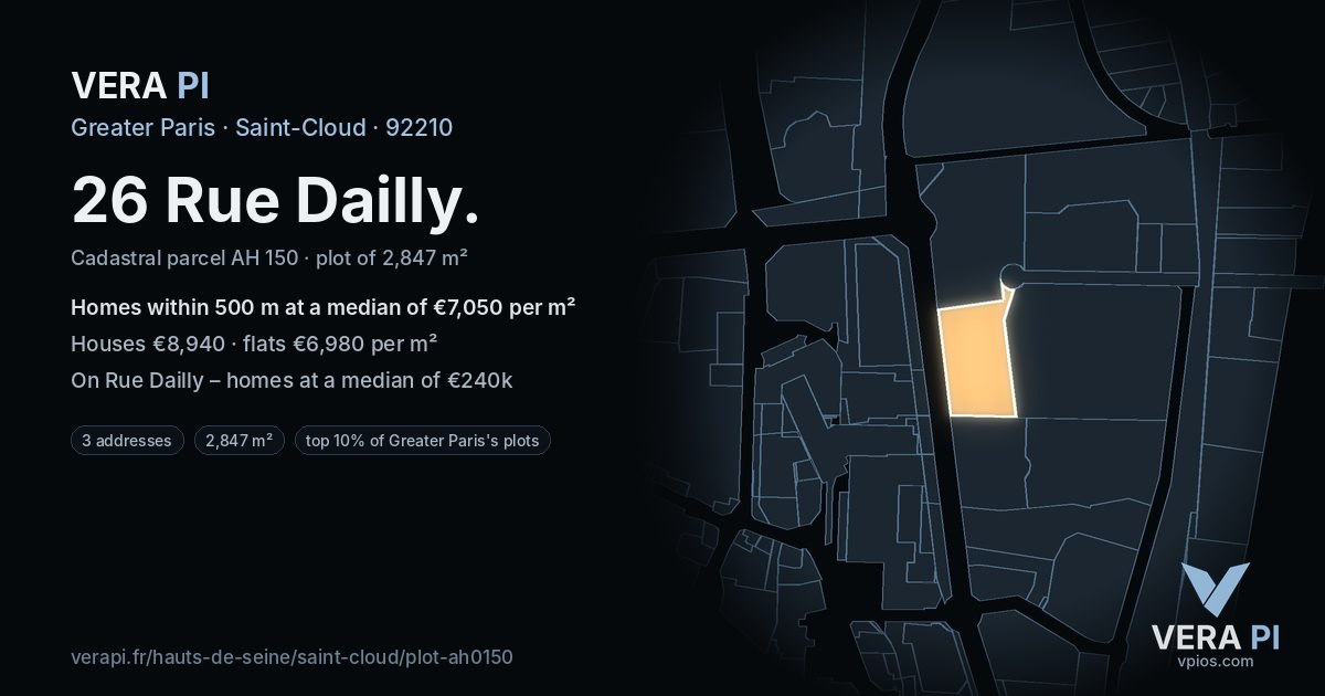 26 Rue Dailly, Saint-Cloud at night – the plot lit, the parcels around coloured by the prices near them