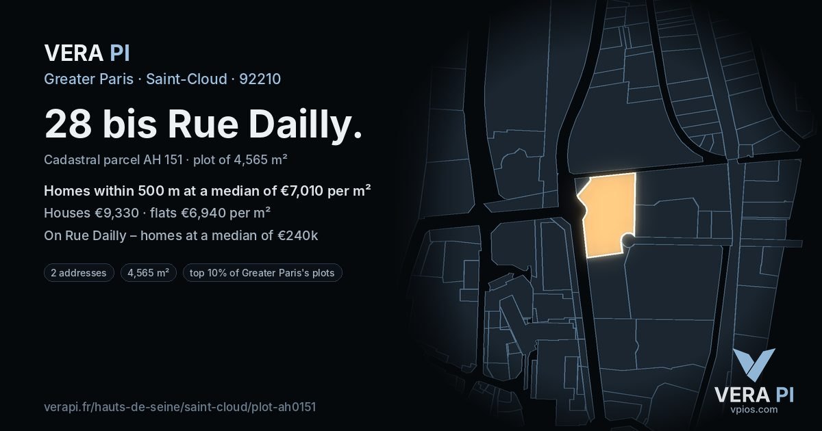 28 bis Rue Dailly, Saint-Cloud at night – the plot lit, the parcels around coloured by the prices near them