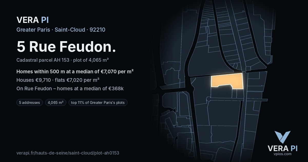 5 Rue Feudon, Saint-Cloud at night – the plot lit, the parcels around coloured by the prices near them