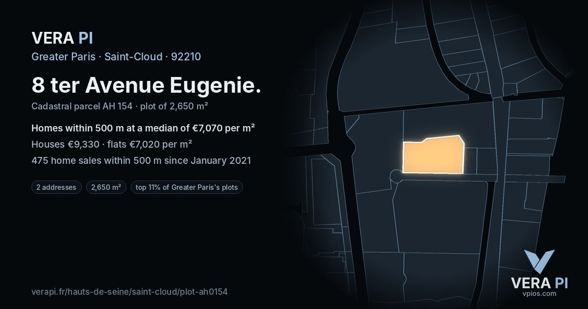 8 ter Avenue Eugenie, Saint-Cloud at night – the plot lit, the parcels around coloured by the prices near them