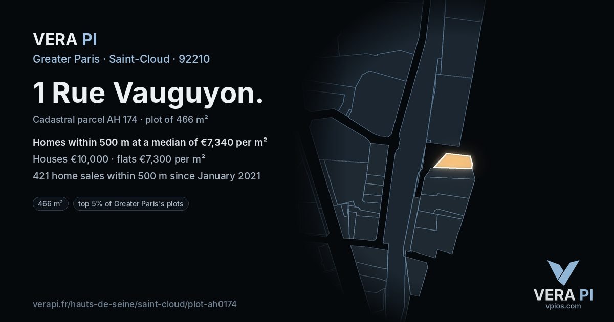 1 Rue Vauguyon, Saint-Cloud at night – the plot lit, the parcels around coloured by the prices near them