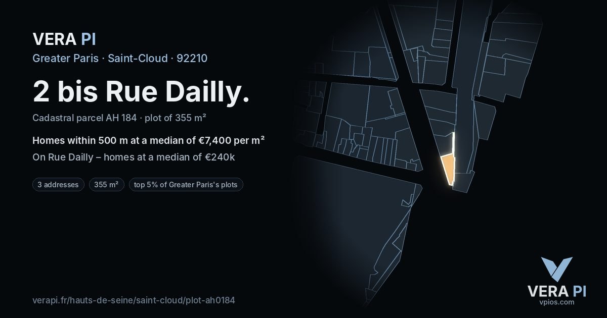 2 bis Rue Dailly, Saint-Cloud at night – the plot lit, the parcels around coloured by the prices near them