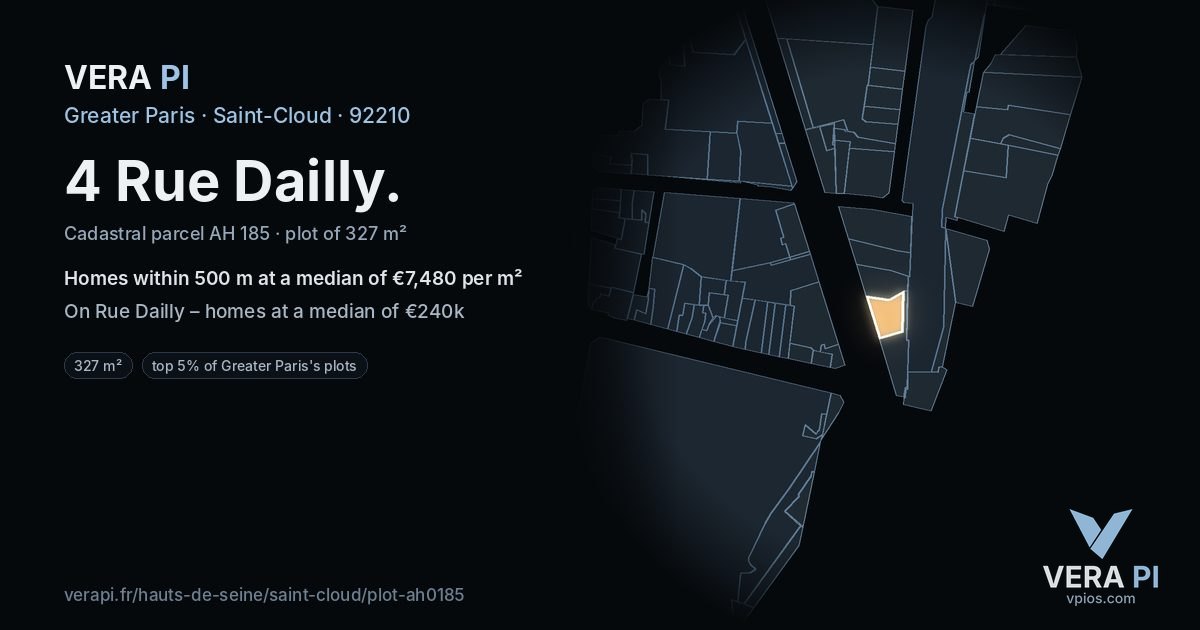 4 Rue Dailly, Saint-Cloud at night – the plot lit, the parcels around coloured by the prices near them