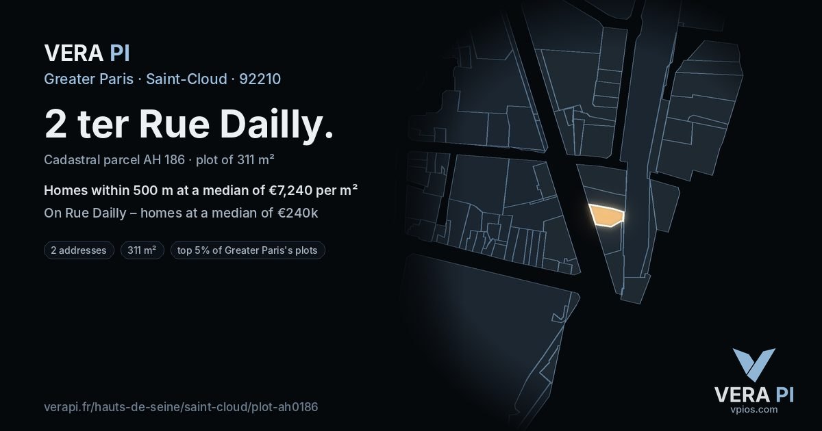2 ter Rue Dailly, Saint-Cloud at night – the plot lit, the parcels around coloured by the prices near them