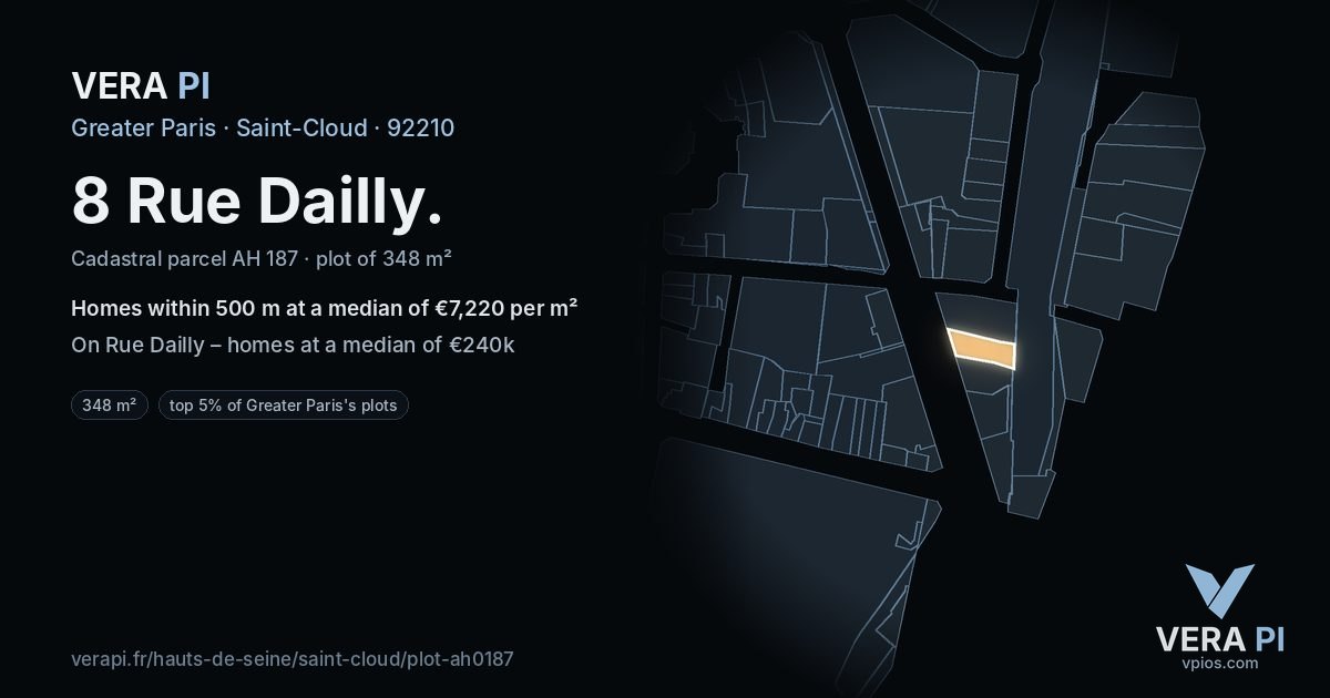 8 Rue Dailly, Saint-Cloud at night – the plot lit, the parcels around coloured by the prices near them