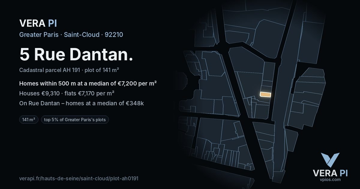 5 Rue Dantan, Saint-Cloud at night – the plot lit, the parcels around coloured by the prices near them