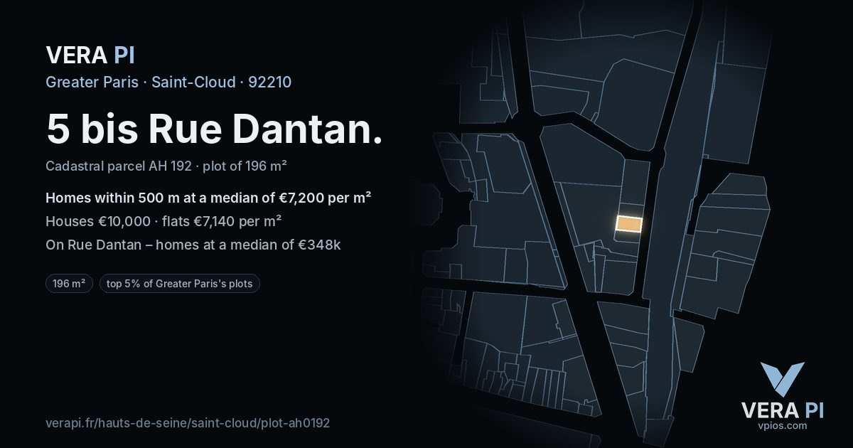 5 bis Rue Dantan, Saint-Cloud at night – the plot lit, the parcels around coloured by the prices near them