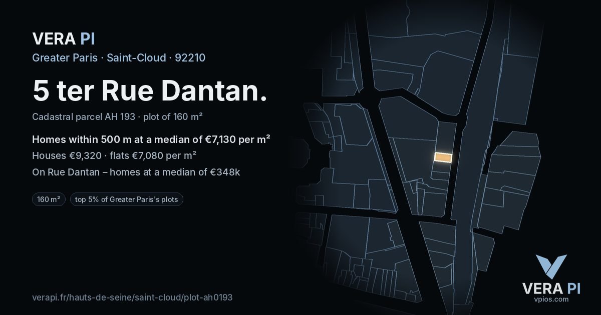 5 ter Rue Dantan, Saint-Cloud at night – the plot lit, the parcels around coloured by the prices near them