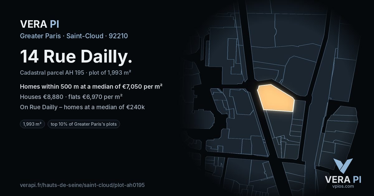 14 Rue Dailly, Saint-Cloud at night – the plot lit, the parcels around coloured by the prices near them