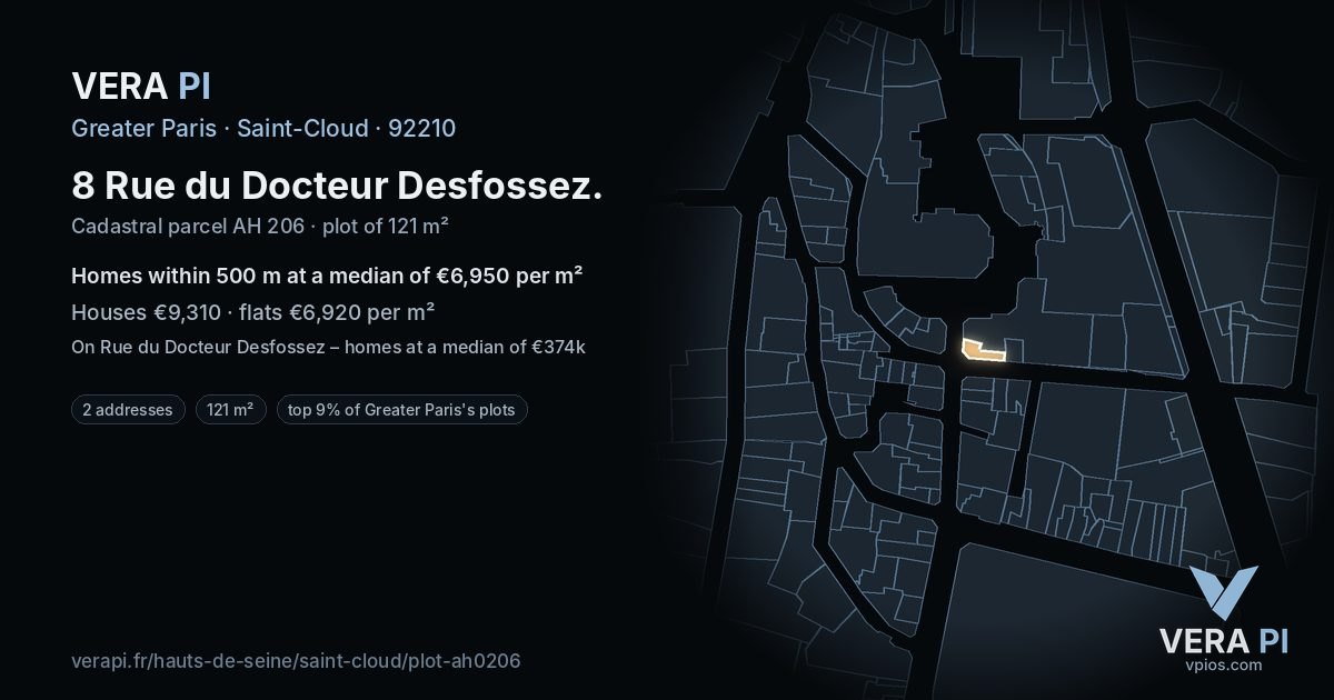 8 Rue du Docteur Desfossez, Saint-Cloud at night – the plot lit, the parcels around coloured by the prices near them