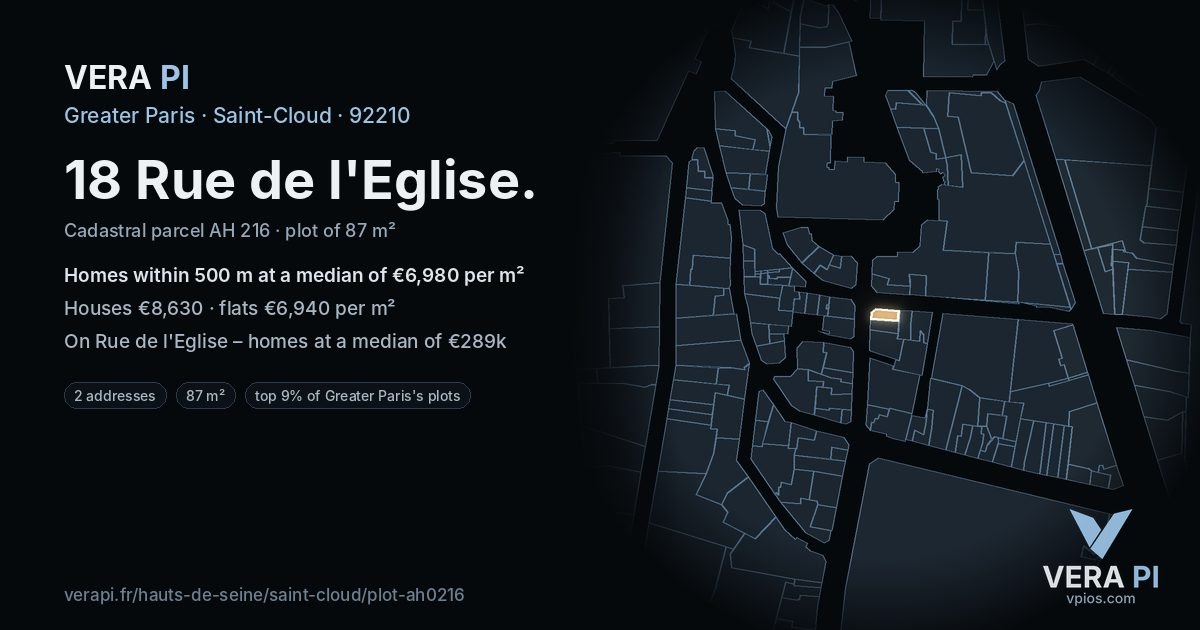 18 Rue de l'Eglise, Saint-Cloud at night – the plot lit, the parcels around coloured by the prices near them