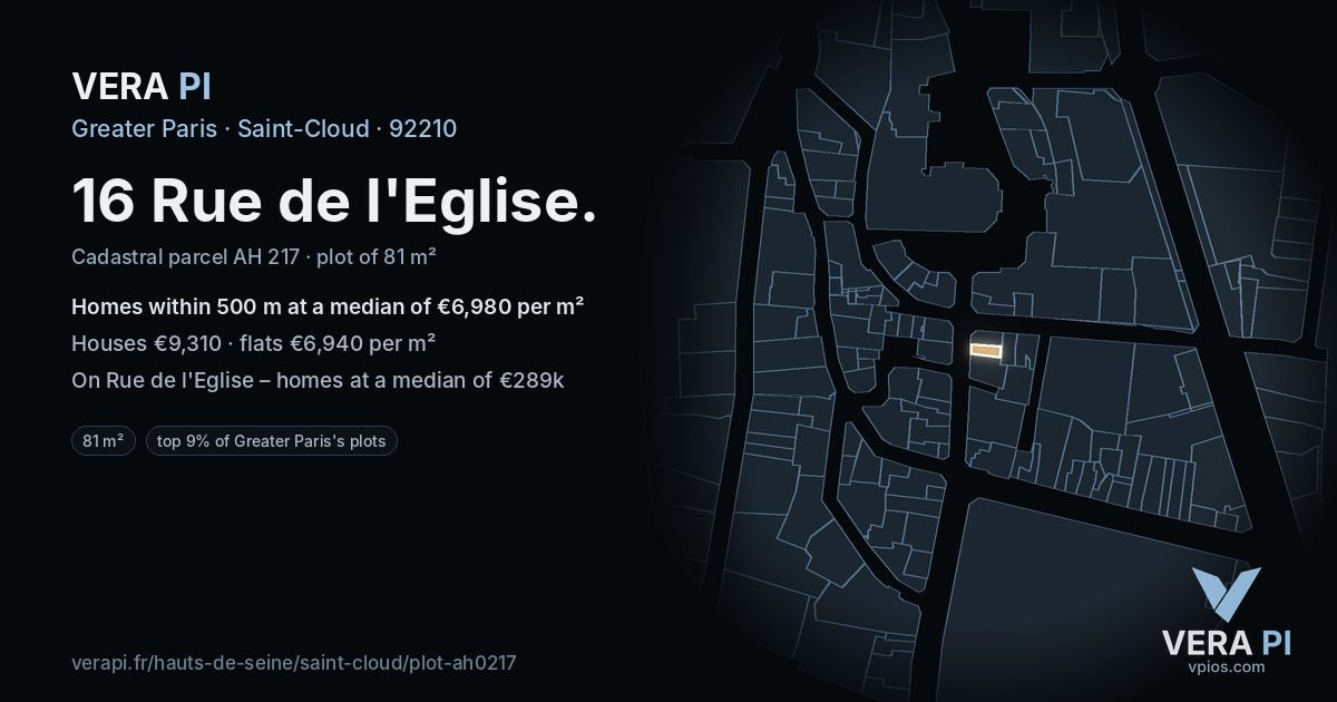 16 Rue de l'Eglise, Saint-Cloud at night – the plot lit, the parcels around coloured by the prices near them