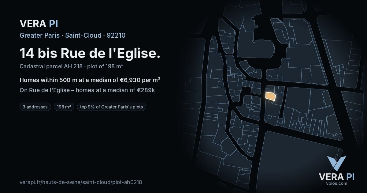 14 bis Rue de l'Eglise, Saint-Cloud at night – the plot lit, the parcels around coloured by the prices near them