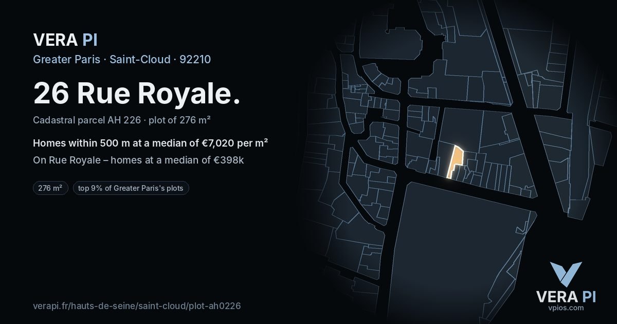 26 Rue Royale, Saint-Cloud at night – the plot lit, the parcels around coloured by the prices near them