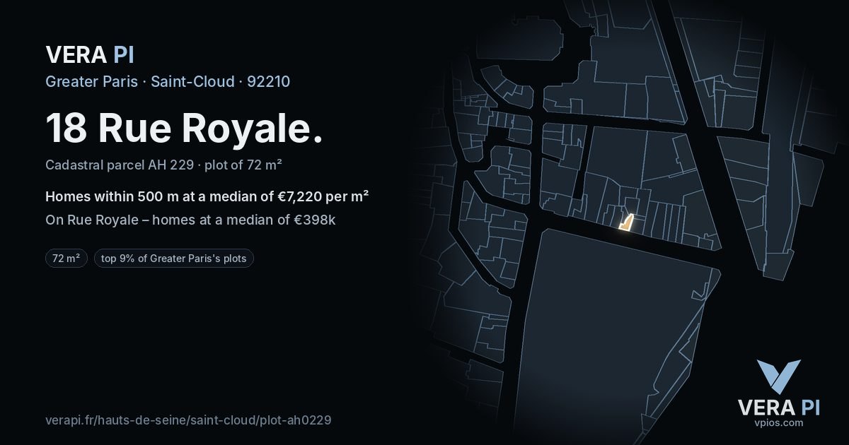 18 Rue Royale, Saint-Cloud at night – the plot lit, the parcels around coloured by the prices near them