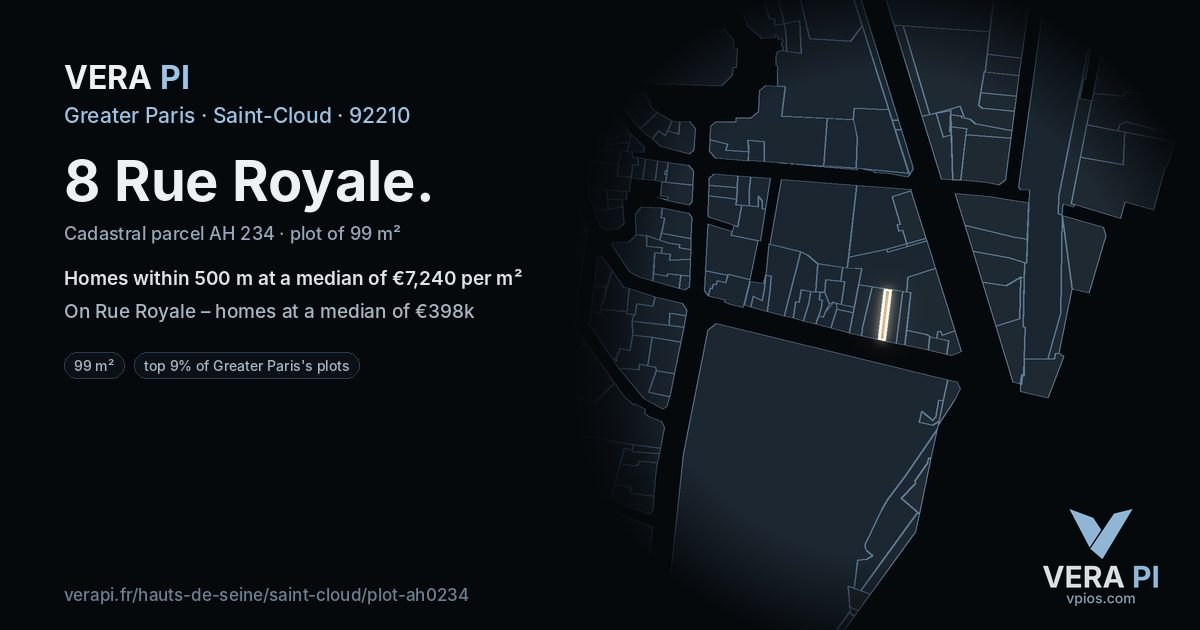 8 Rue Royale, Saint-Cloud at night – the plot lit, the parcels around coloured by the prices near them