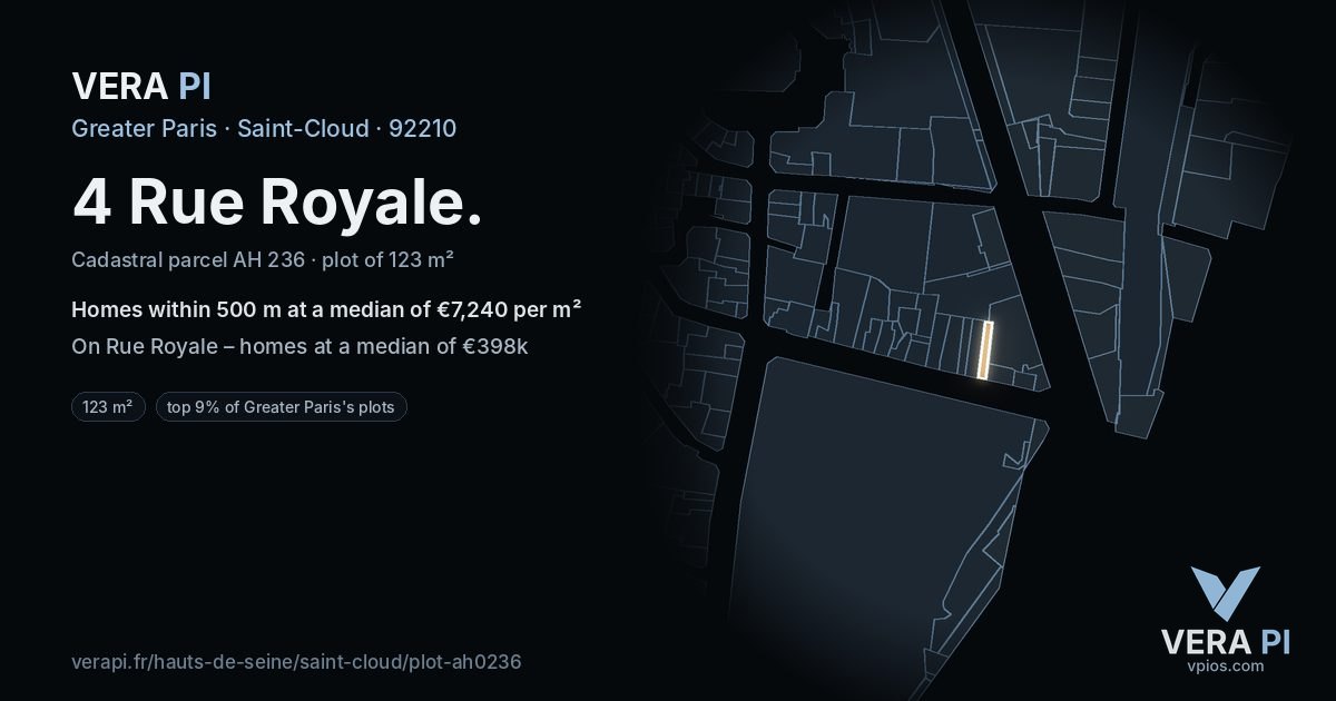 4 Rue Royale, Saint-Cloud at night – the plot lit, the parcels around coloured by the prices near them