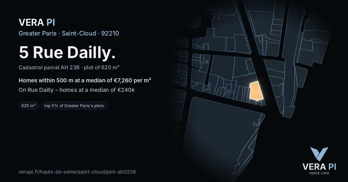 5 Rue Dailly, Saint-Cloud at night – the plot lit, the parcels around coloured by the prices near them